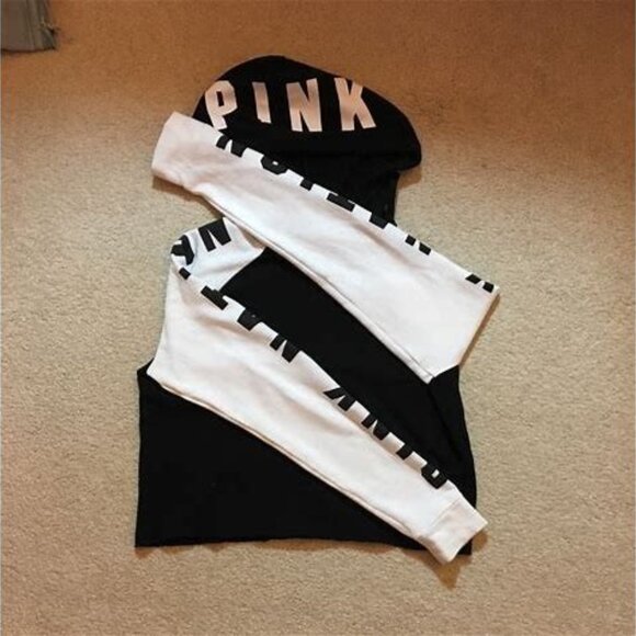 Victoria's Secret Black & White Cropped Hoodie Small - Picture 6 of 10